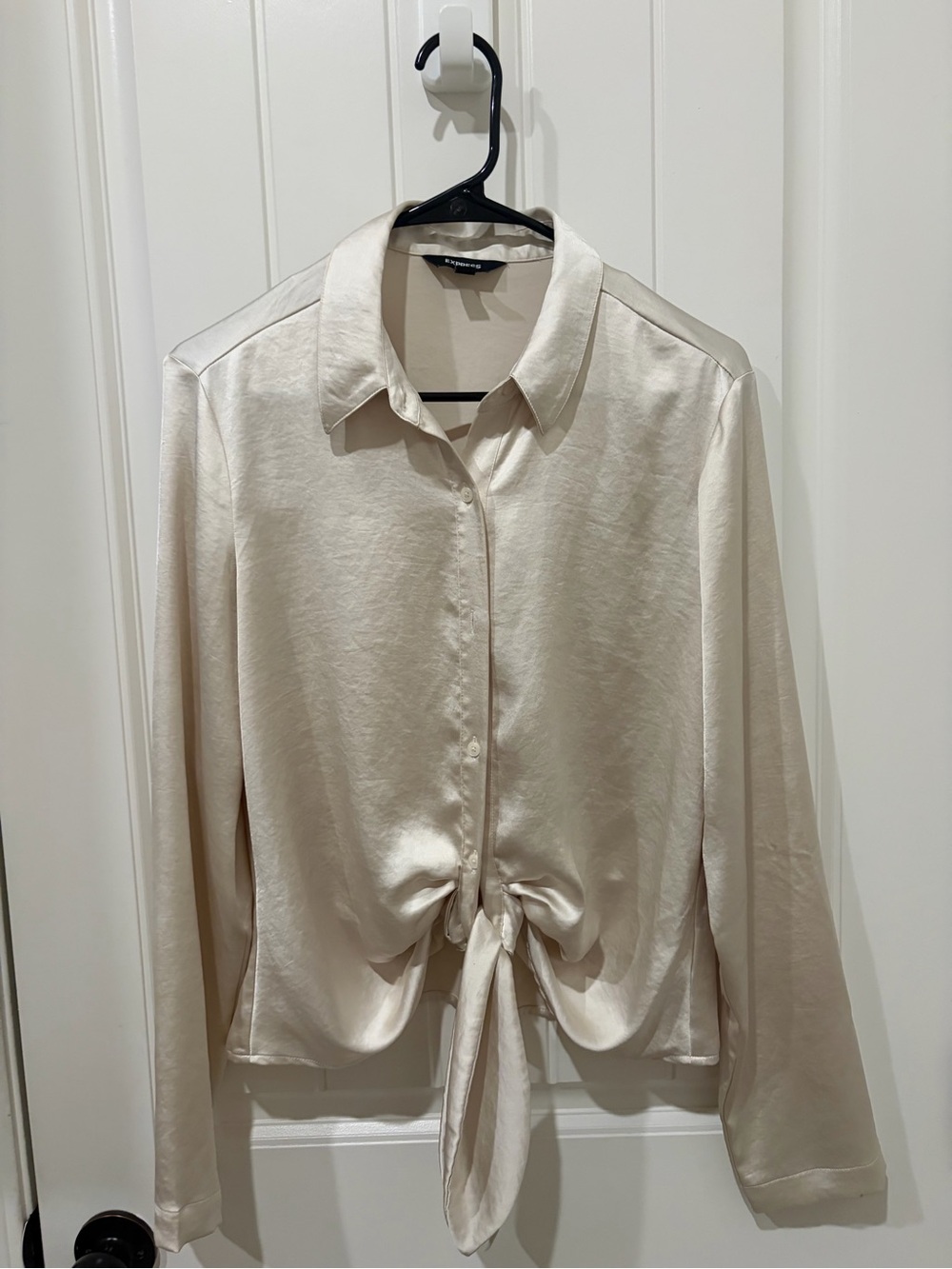 Express Cream Satin Tie-Front Button Down